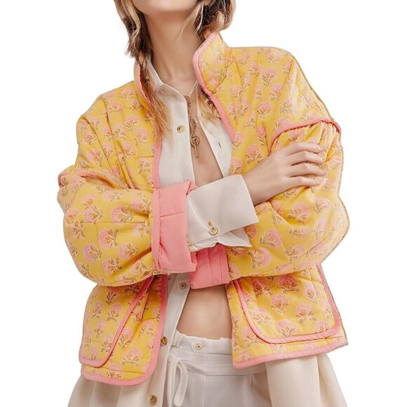 Jackets & Blazers - Women’s Yellow flora Cropped Puffer Quilted Jacket Floral Print Lightweight Coat
